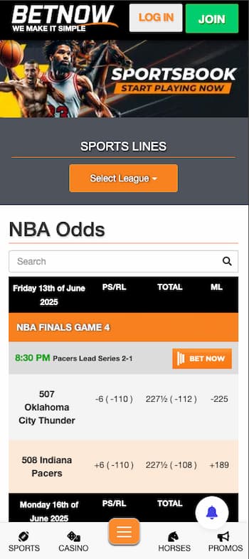 A snapshot of BetNow, one of our top sports betting apps.